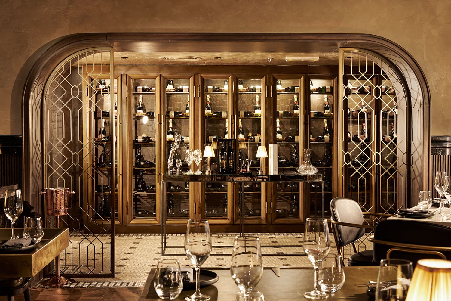Art deco wine cabinet and fine dining setup at The Meat Co Dubai