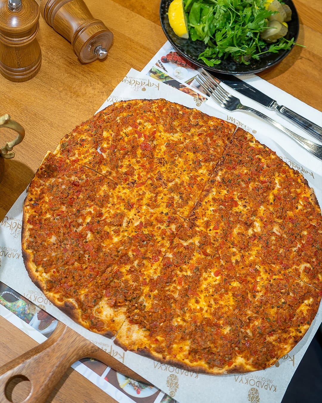Authentic Turkish lahmacun flatbread with spiced minced meat at Kapadokya Turkish Kitchen Dubai