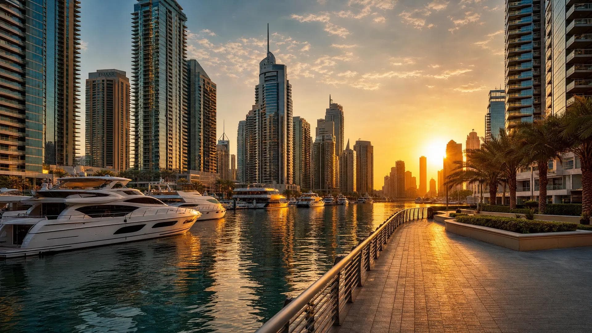 Stroll along Dubai Marina Promenade and enjoy beautiful waterfront views surrounded by skyscrapers and luxury yachts.