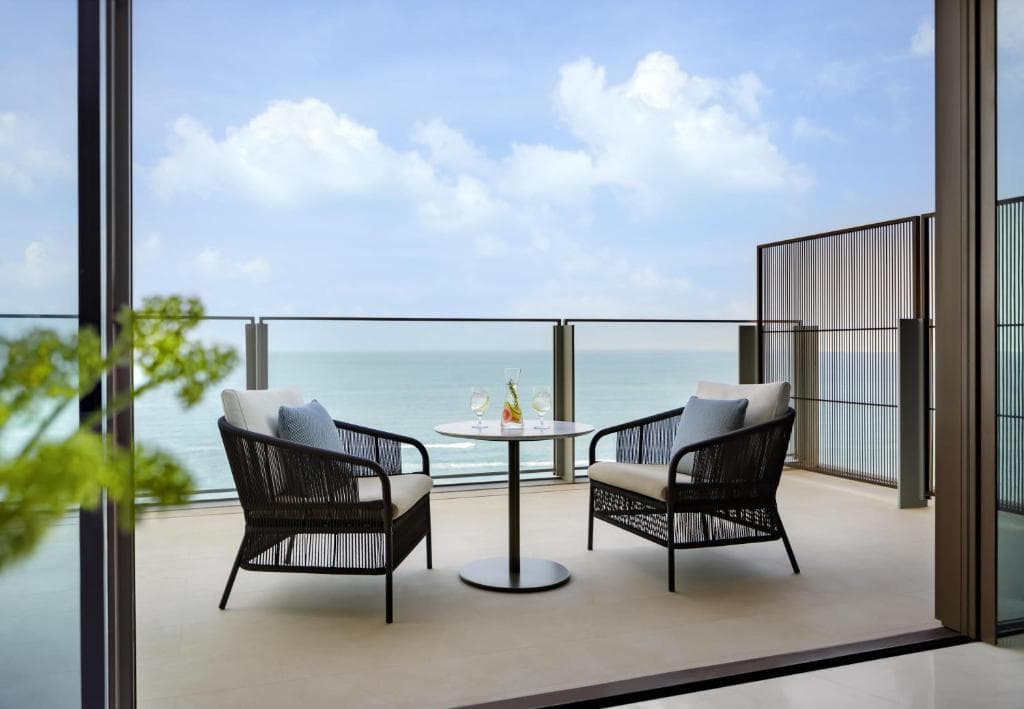 Luxury outdoor balcony of the accommodation with a sea view