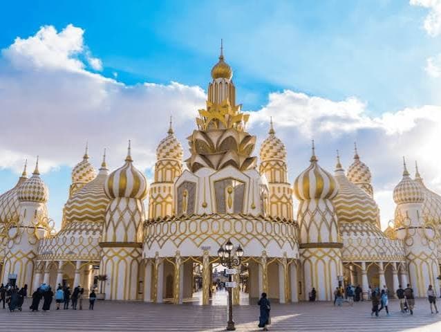 The iconic entrance of Global Village Dubai, featuring impressive architecture inspired by international cultures.