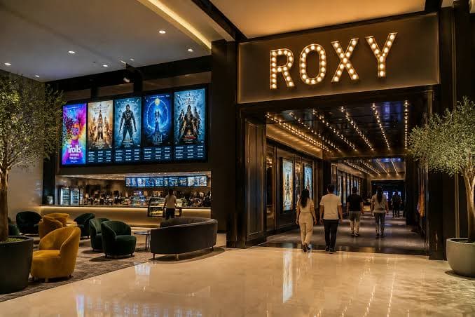 Entrance to Roxy Cinemas at Dubai Hills Mall, featuring illuminated signage, movie posters and a modern cinema lobby.